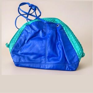 Vintage Genuine Eelskin Blue & Teal Green Accordion Clutch Bag